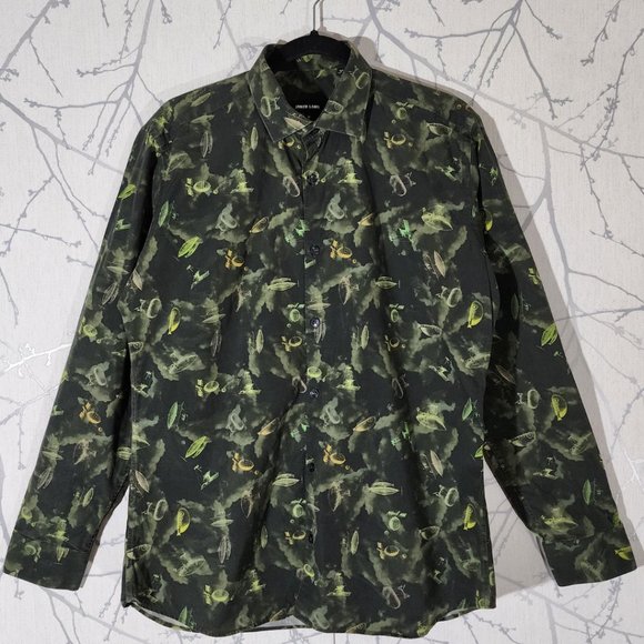 Jared Lang Green Aviation Theme Printed Button Front Shirt - Picture 1 of 4